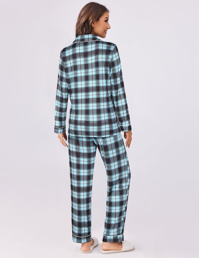 Blue plaid pajama set, long-sleeve button top and straight-leg pants, back view