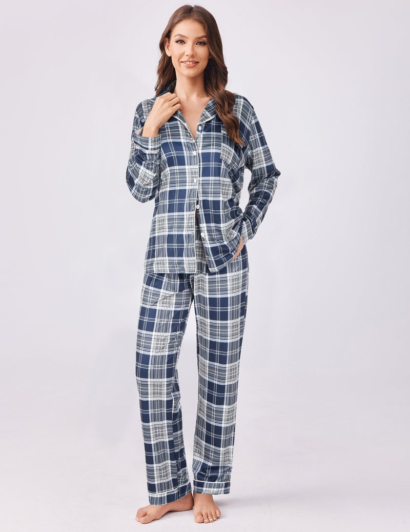 Plaid pajama set, 2-piece long-sleeve button-up top and cuffed pants in navy and white