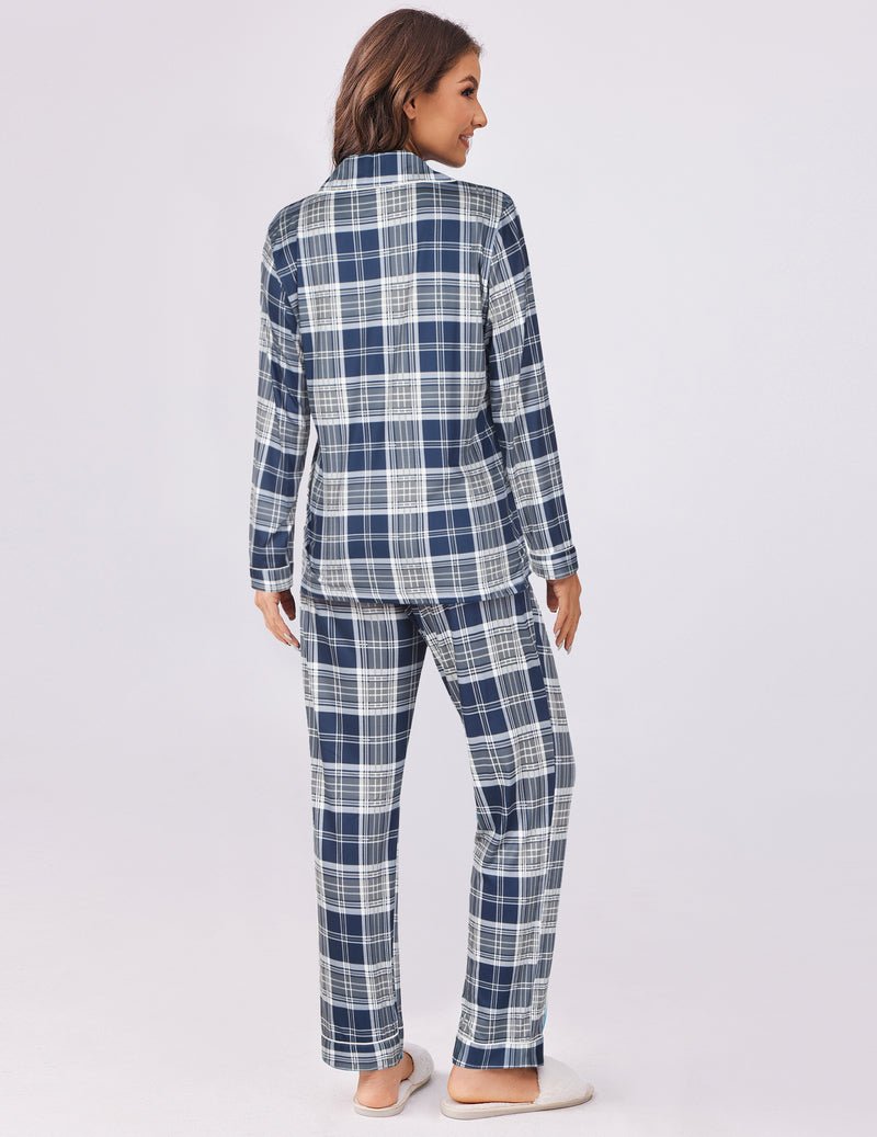 Plaid pajama set, 2-piece long-sleeve top and cuffed pants in navy-and-white plaid