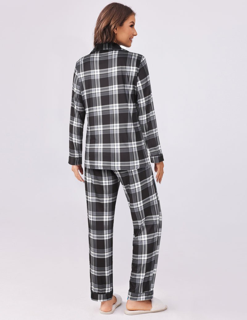 Black-and-white plaid pajama set, back view with long-sleeve top and pants