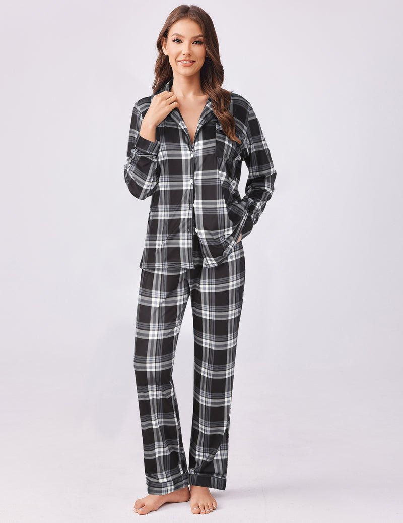 Black-and-white plaid 2-piece pajama set with button-up top and pants