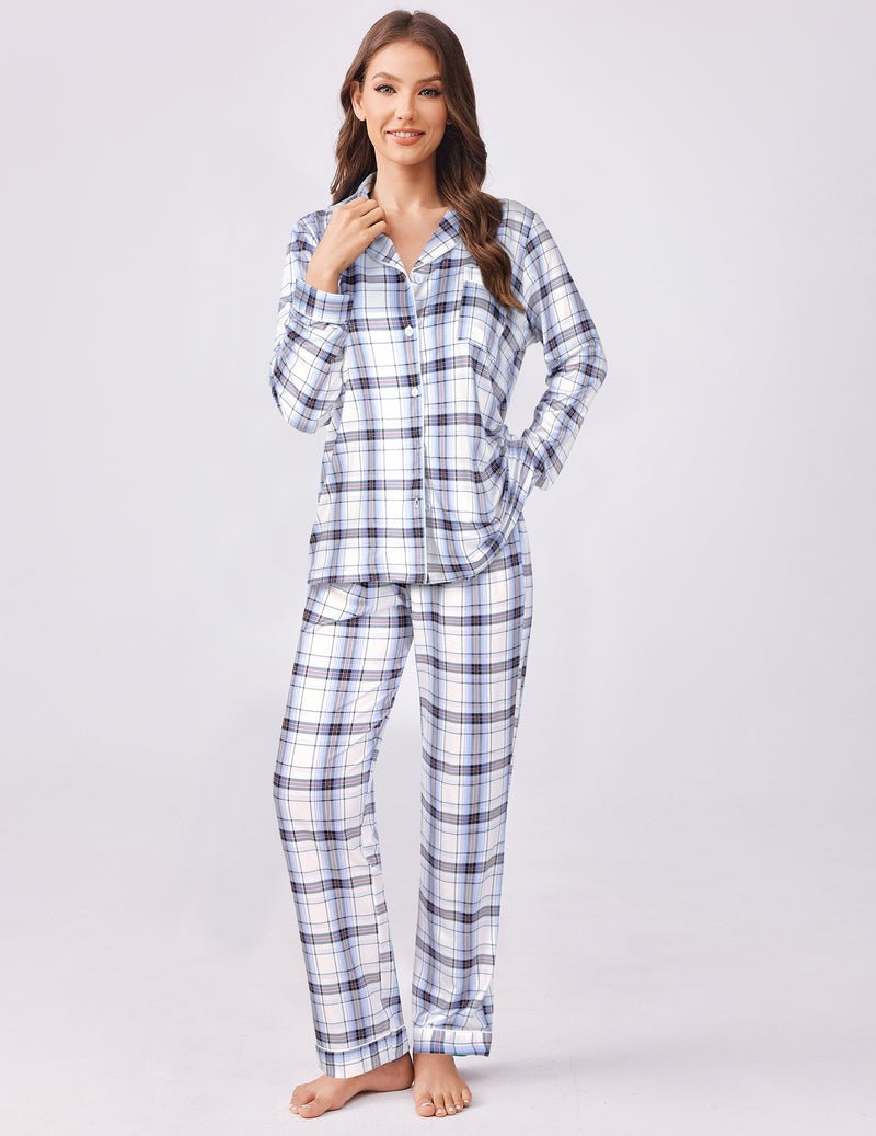 Light blue plaid 2-piece pajama set with button-up top and relaxed pants