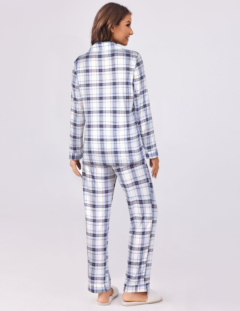 Plaid pajama set, 2-piece long-sleeve top and cuffed pants in light blue tones