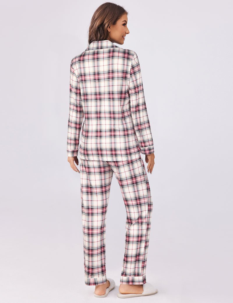 Plaid pajama set, 2-piece long-sleeve top and cuffed pants in light pink plaid
