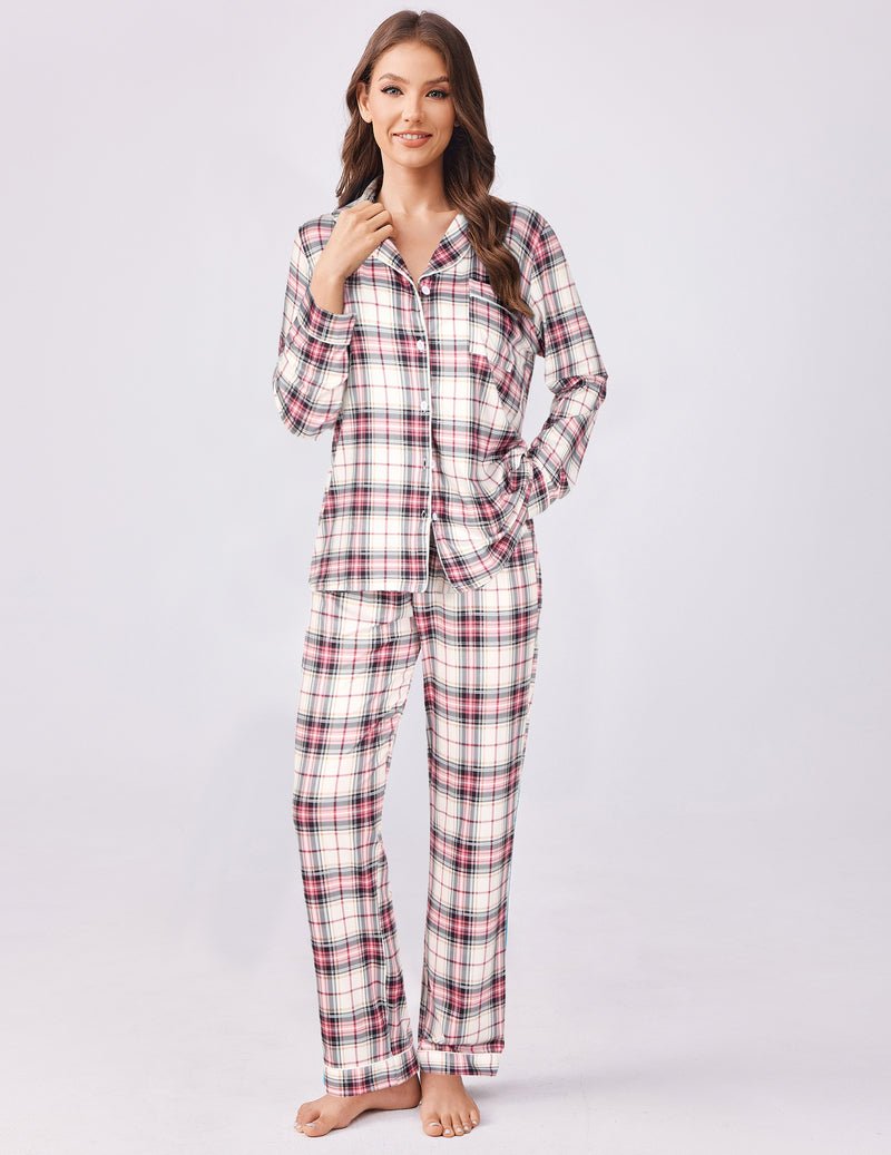 Plaid pajama set, 2-piece long-sleeve top and cuffed pants in light pink plaid
