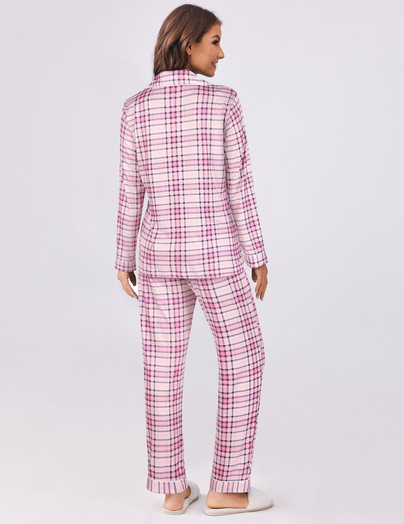 Pink plaid pajama set from back view, button top and matching straight-leg pants