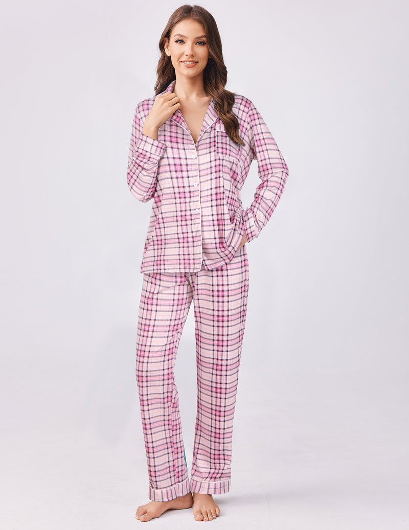 Pink plaid 2-piece pajama set with long-sleeve button top and matching pants