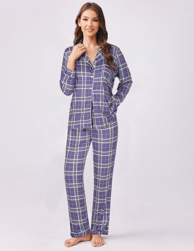 Plaid pajama set, 2-piece long-sleeve button-up top and cuffed pants in purple plaid