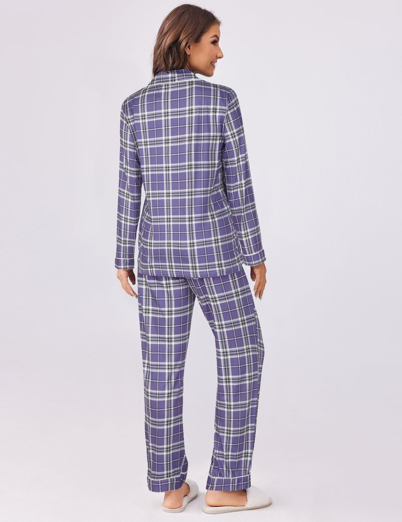 Plaid pajama set, 2-piece long-sleeve top and cuffed pants in purple plaid