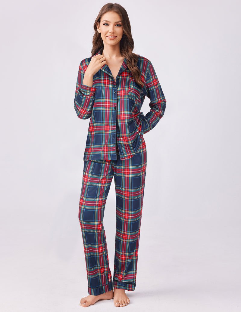 Plaid pajama set, 2-piece long-sleeve top and ankle pants in dark red-and-green tones