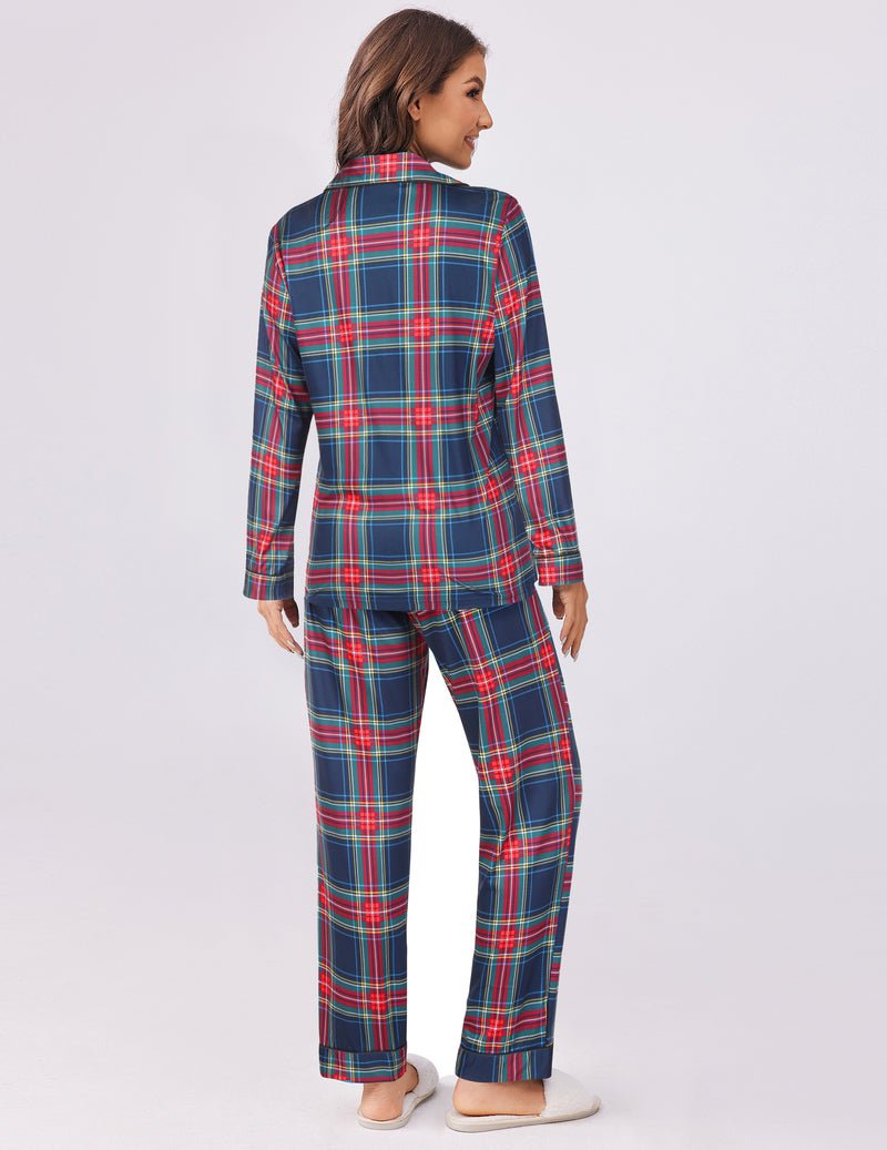 Plaid pajama set, 2-piece long-sleeve top and ankle pants in dark red-and-green plaid