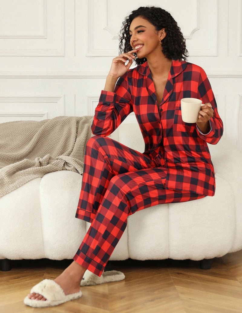 Red plaid 2-piece pajama set with button-up top and matching pants