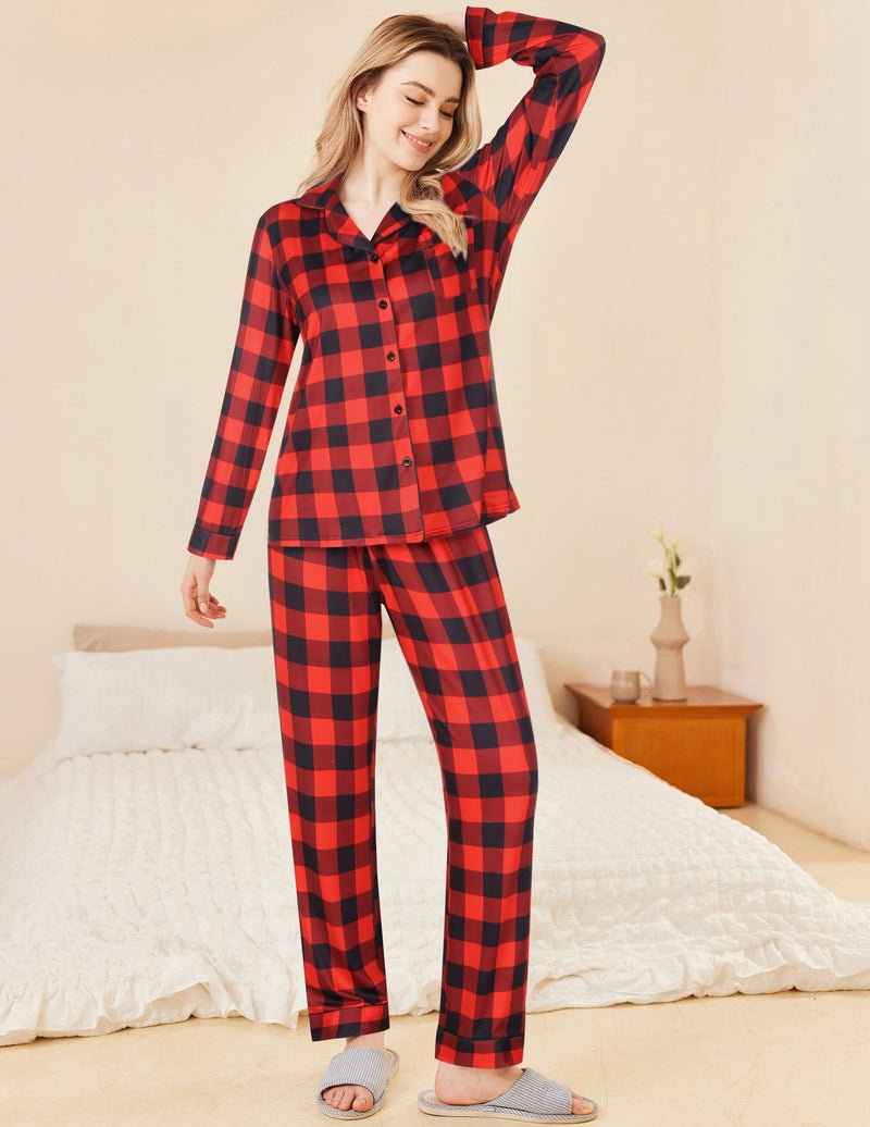 Teddy pajama set in red plaid: button-front long-sleeve shirt and matching long pants