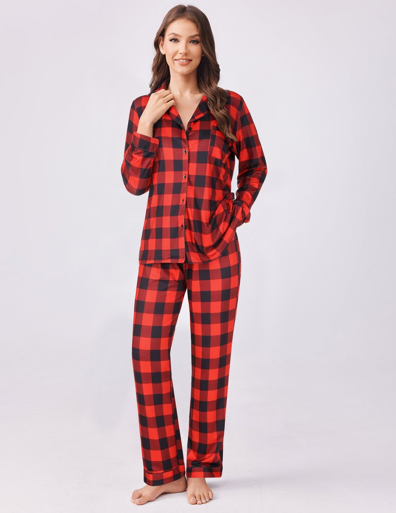Red plaid pajama set, long-sleeve button top and relaxed-fit pants