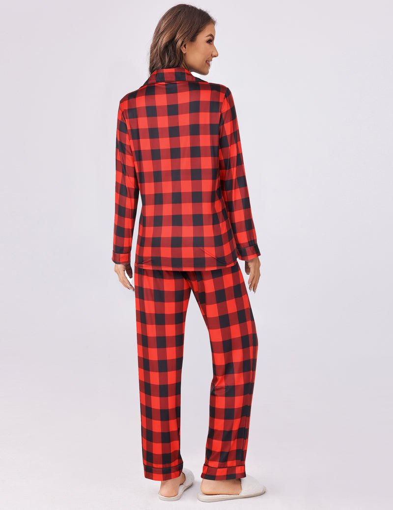 Red plaid pajama set from back view, button top and straight-leg pants