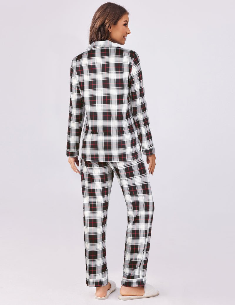 Black/white plaid pajama set, button-up top and straight-leg pants, back view