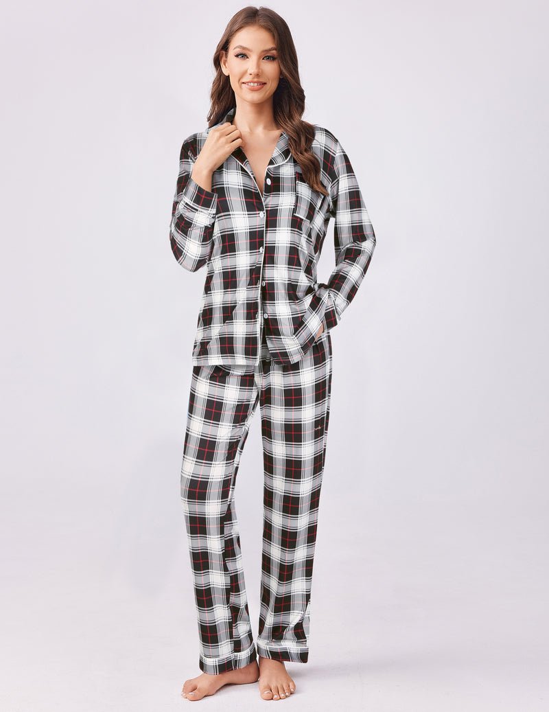 Black and white plaid pajama set with long sleeves, button front, and matching pants