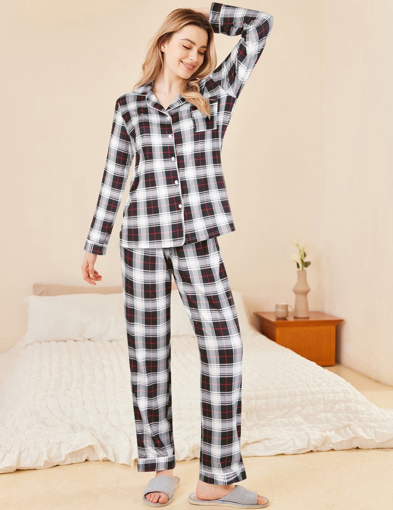 Plaid pajama set with long-sleeve button top and matching pants, black/white/red
