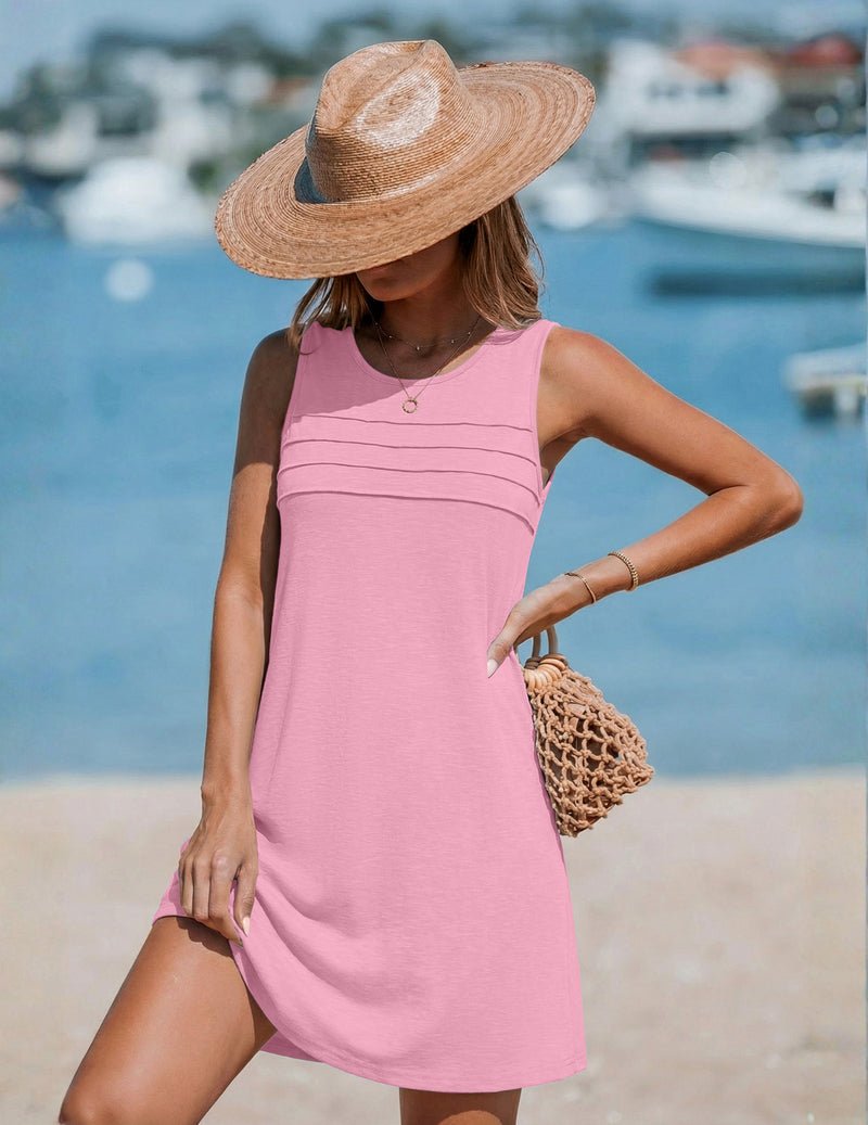 Pink sleeveless tank dress coverup with pleated front and round keyhole neckline