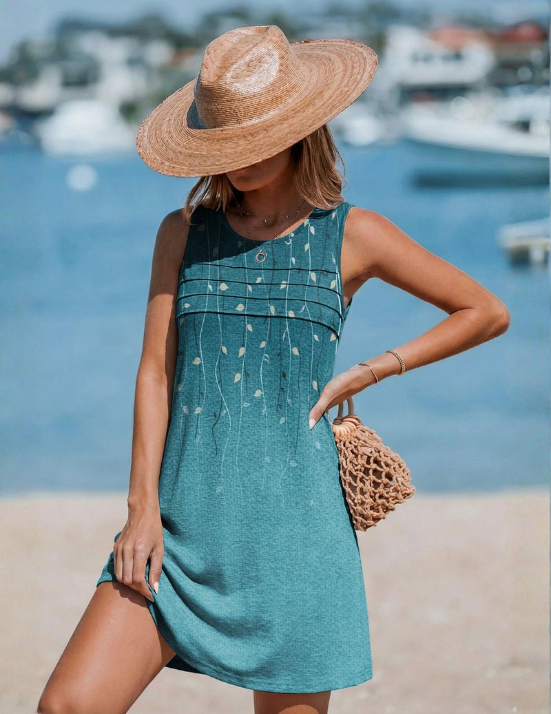 Ekouaer Pleated Front Tank Beach Dress Green Leaf / L