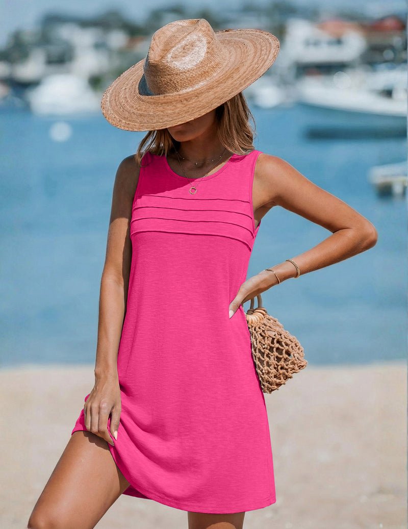 Ärmelloses Tank-Strandkleid in Pink-Fuchsia mit Rundhalsausschnitt und feinen Linien