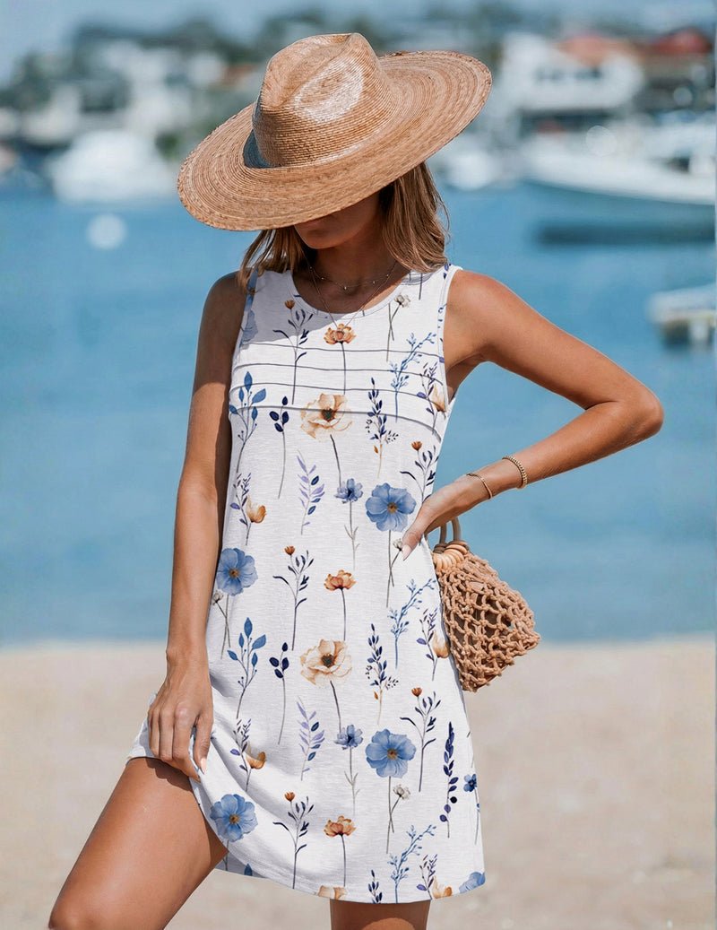 Ärmelloses Tank-Strandkleid mit weißem Blumenprint und Rundhalsausschnitt