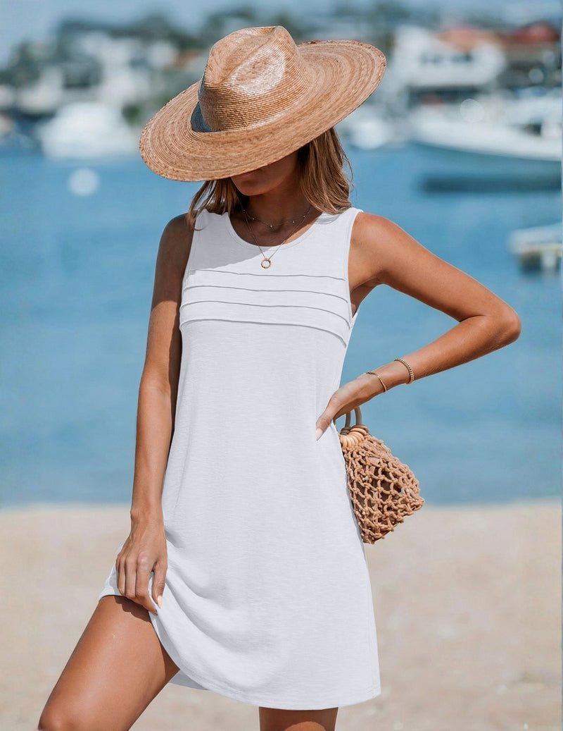 Ekouaer Pleated Front Tank Beach Dress White / XL