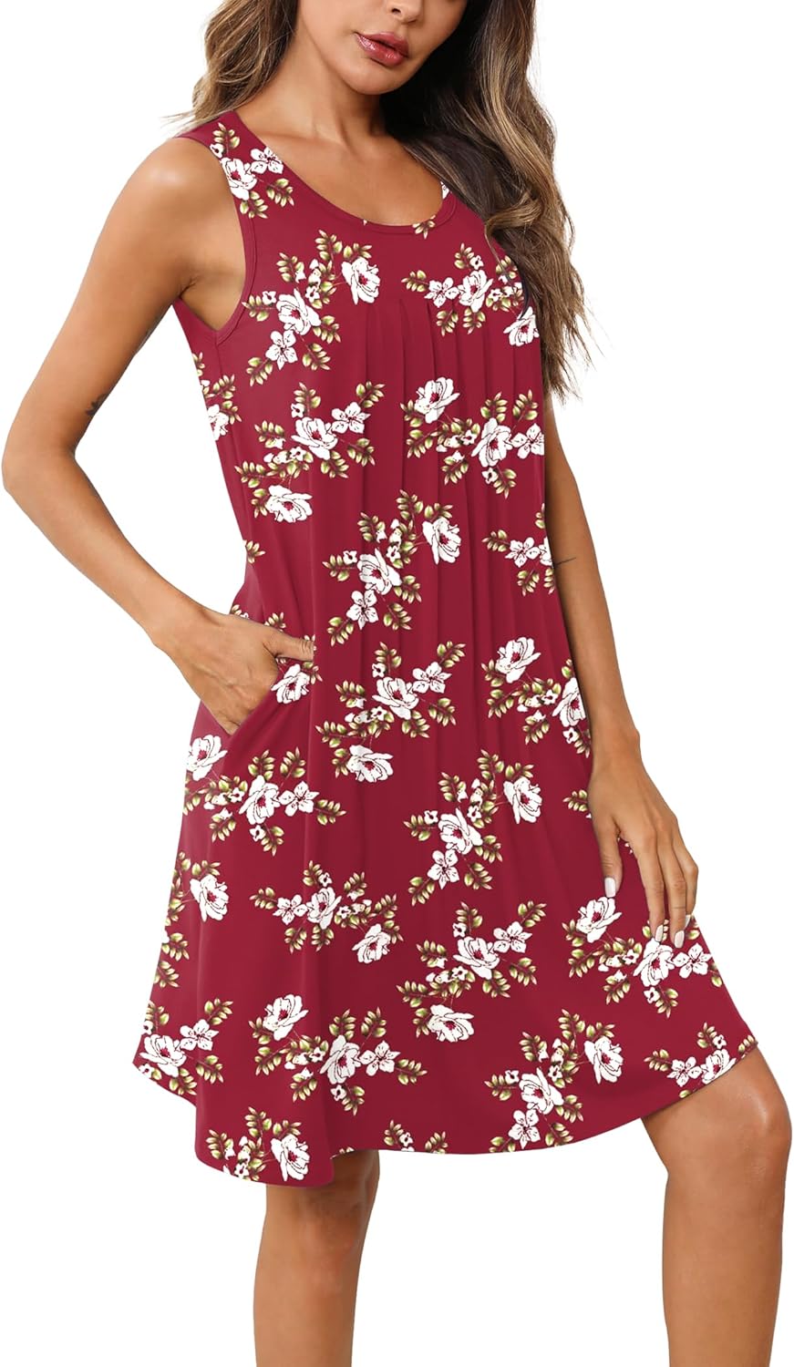 Wine red sleeveless nightdress with allover floral print, pleated front, round neck