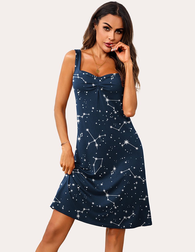 Navy sleeveless night dress with sweetheart neckline and pleated front, star print