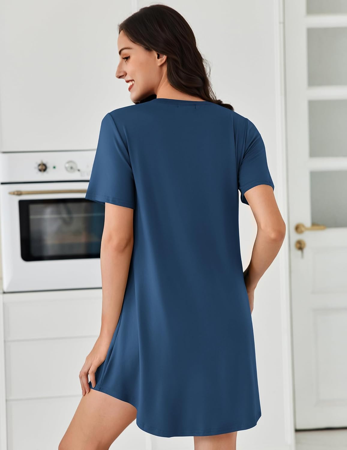 Blue short-sleeve sleepdress with straight pleated back and short hem