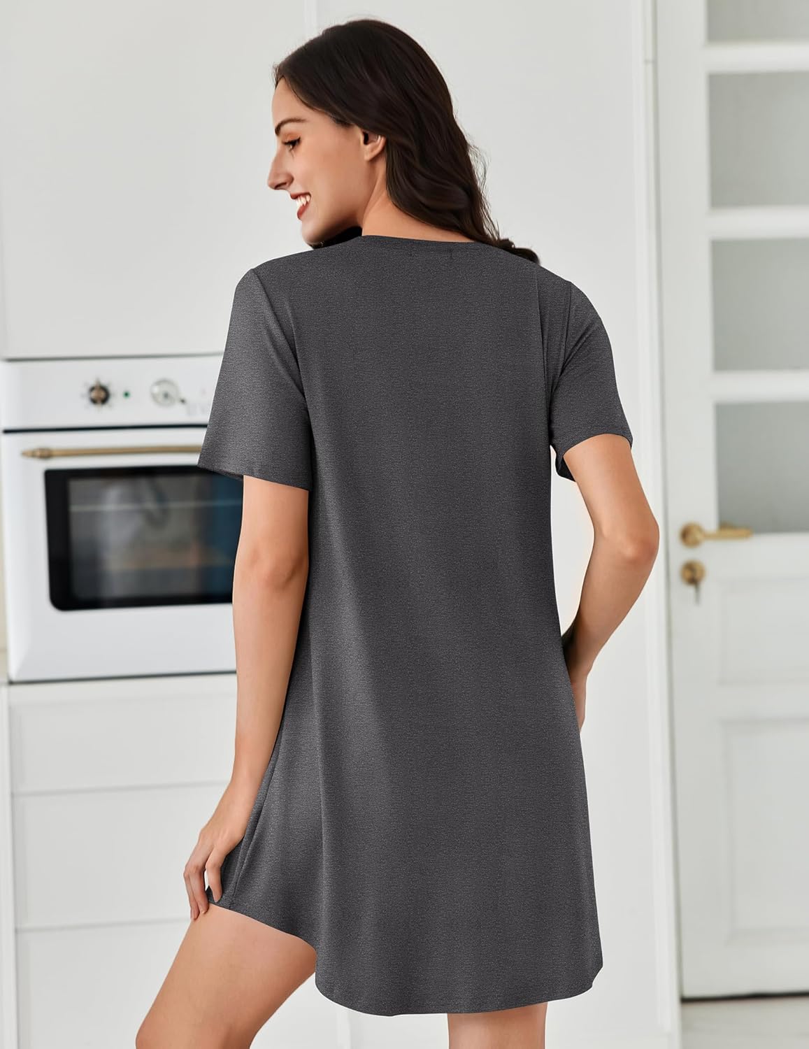 Pleated short-sleeve sleep dress in dark grey, back view with loose A-line hem
