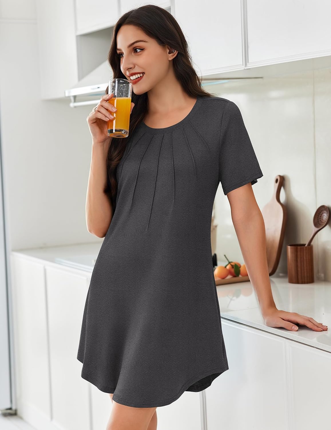 Pleated short-sleeve sleep dress in dark grey, crew neck and loose A-line hem