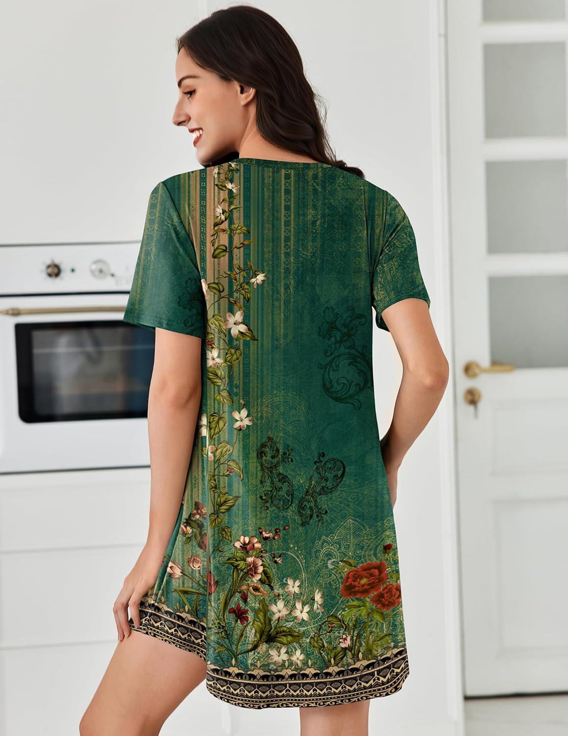 Pleated short-sleeve sleepdress, dark green floral print, back view, round neckline