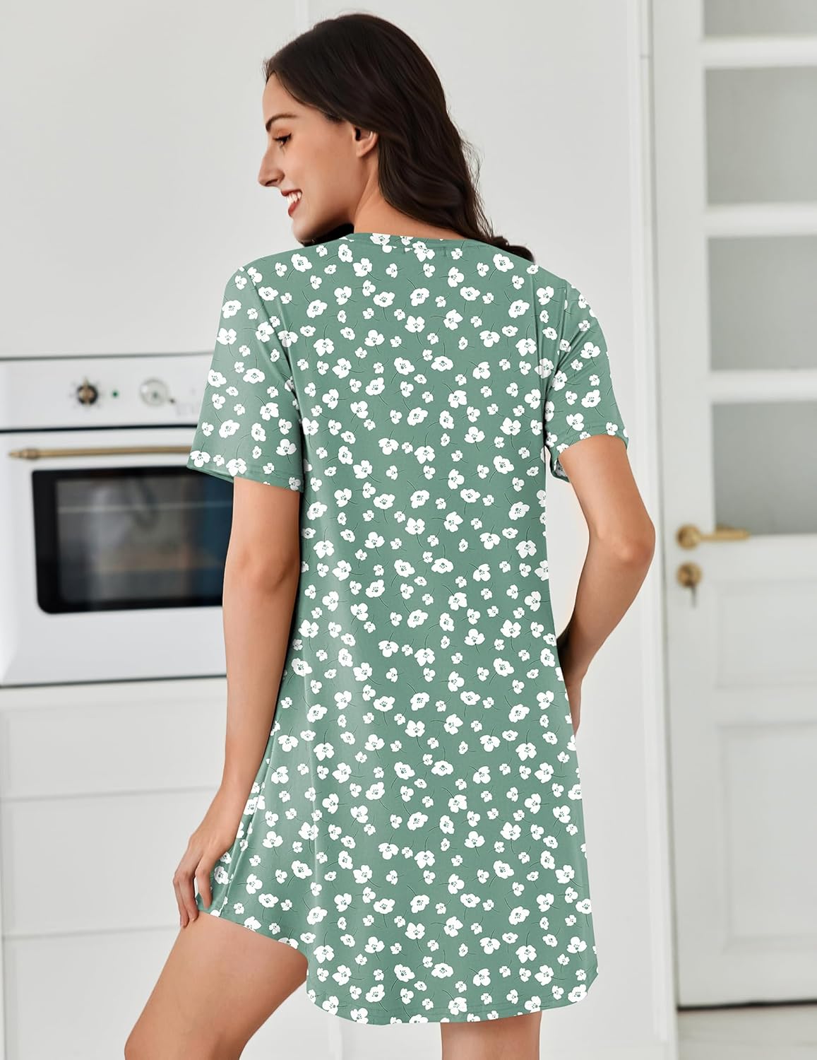 Green floral short-sleeve nightshirt dress with pleated back and scoop neck