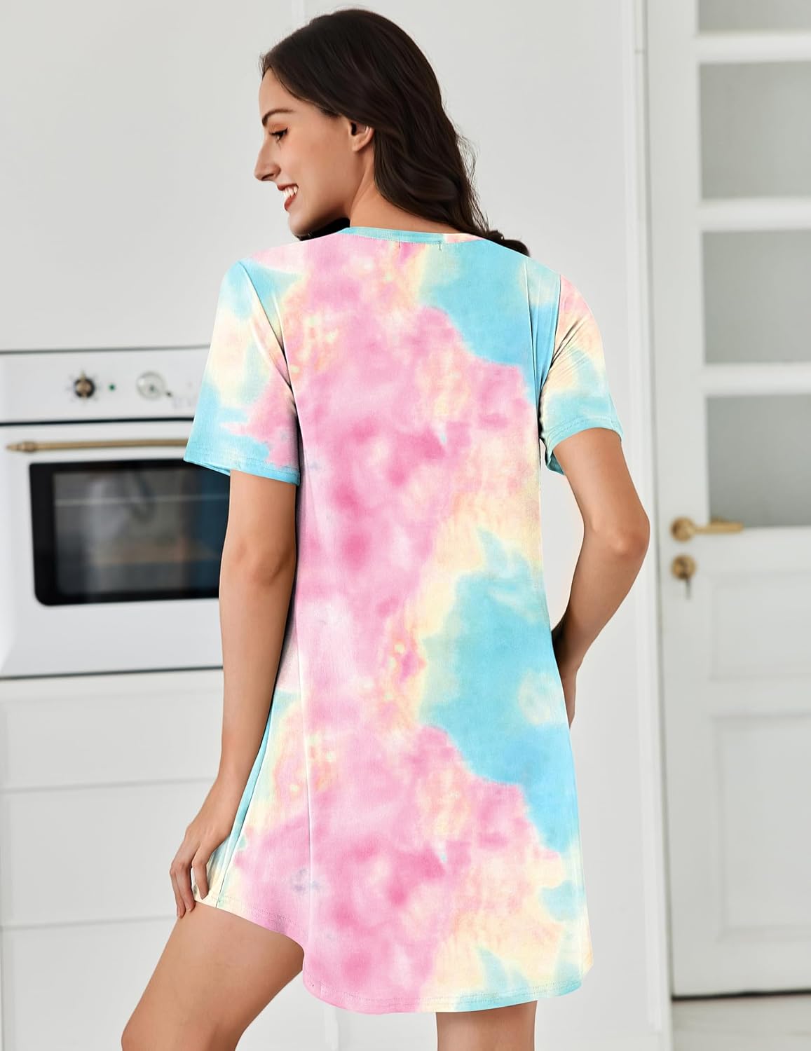 Pleated short-sleeve sleepdress with pastel tie-dye print, back view, round neckline