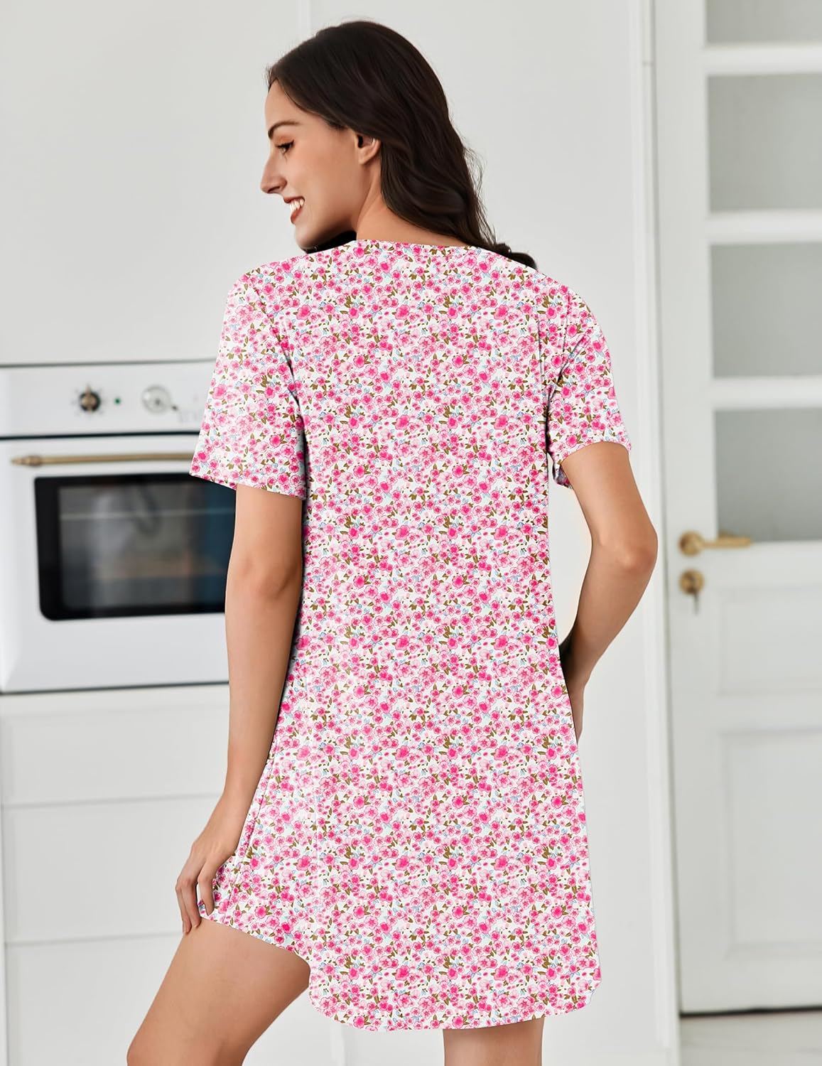 Pleated short-sleeve sleepdress, pink floral print, back view, round neckline