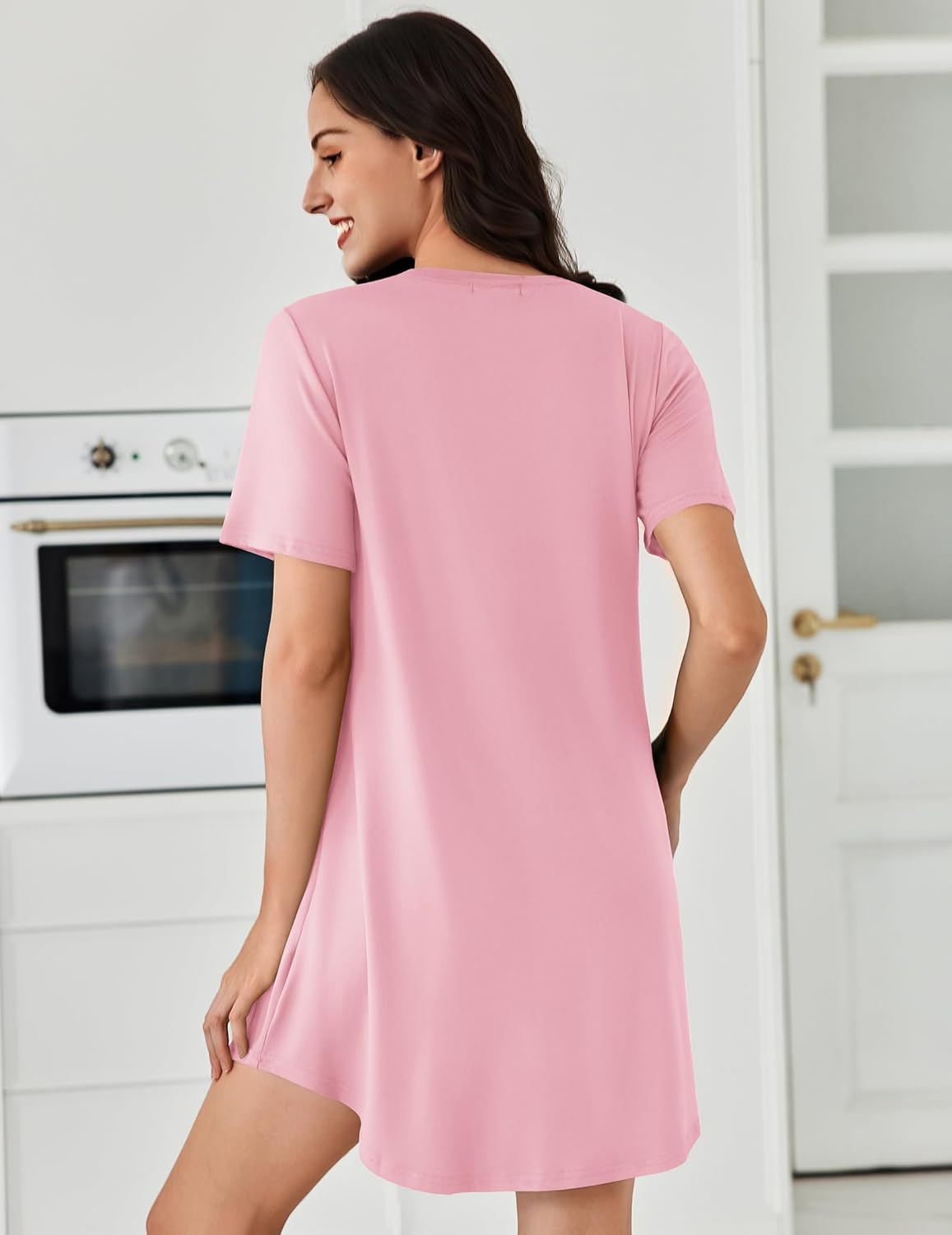 Pink short-sleeve nightshirt dress, back view
