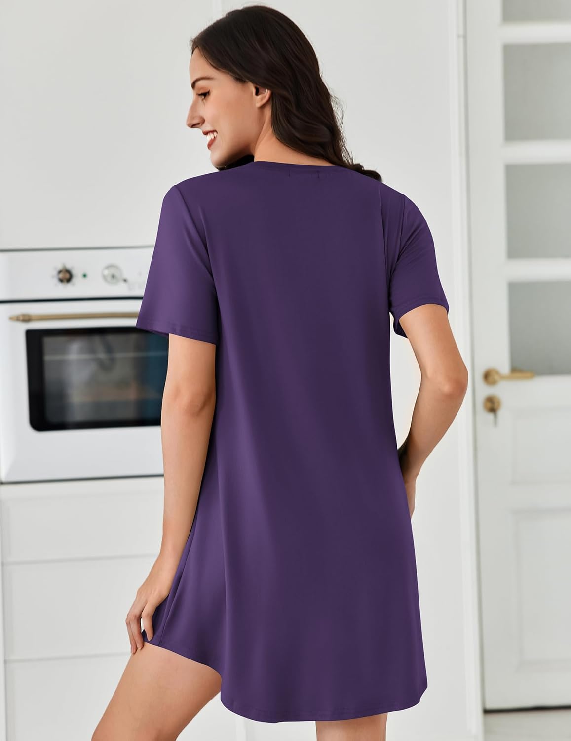 Purple short-sleeve nightshirt dress, back view