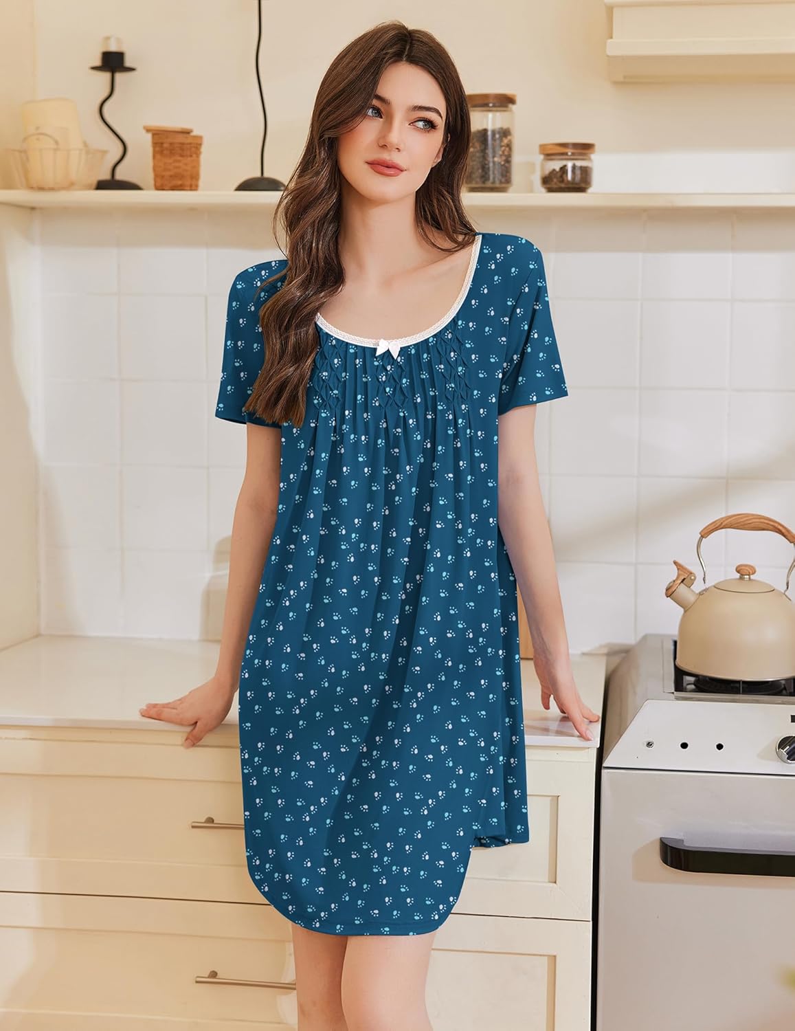 Teal short-sleeve sleep dress with micro floral print and scalloped white-trim neckline