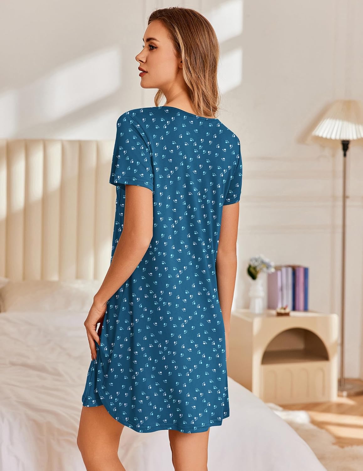 Teal floral short-sleeve nightshirt with relaxed A-line shape, back view