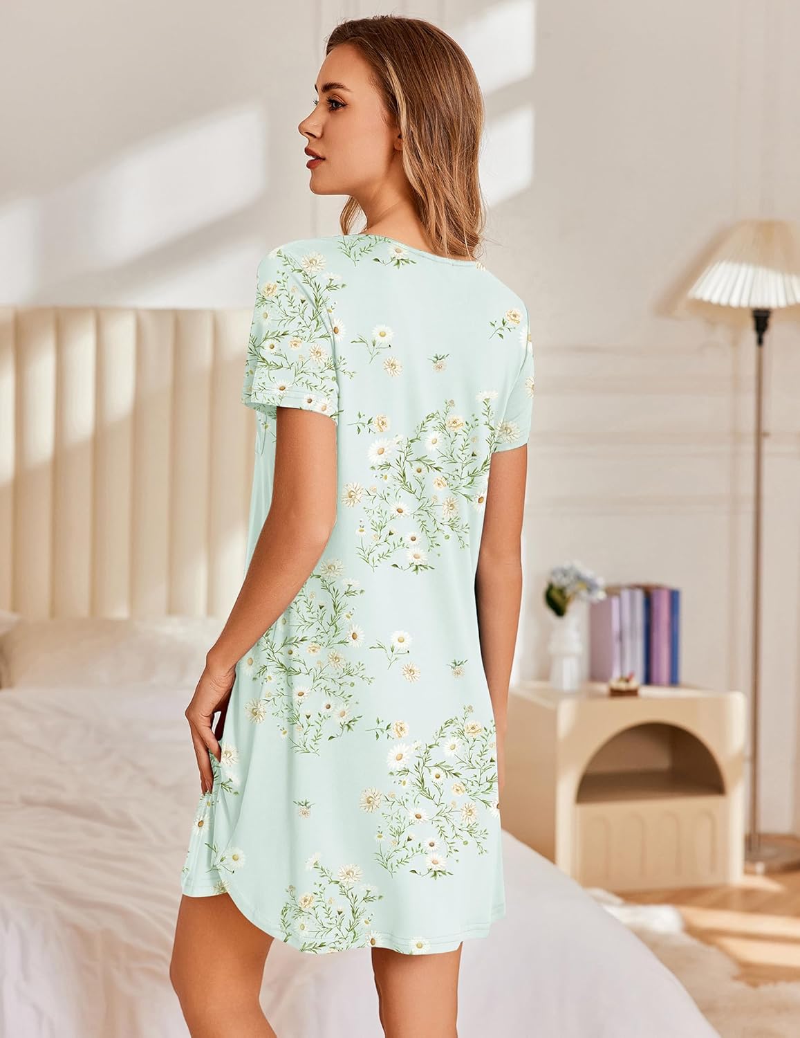 Light mint green floral short-sleeve nightshirt, relaxed back with A-line hem
