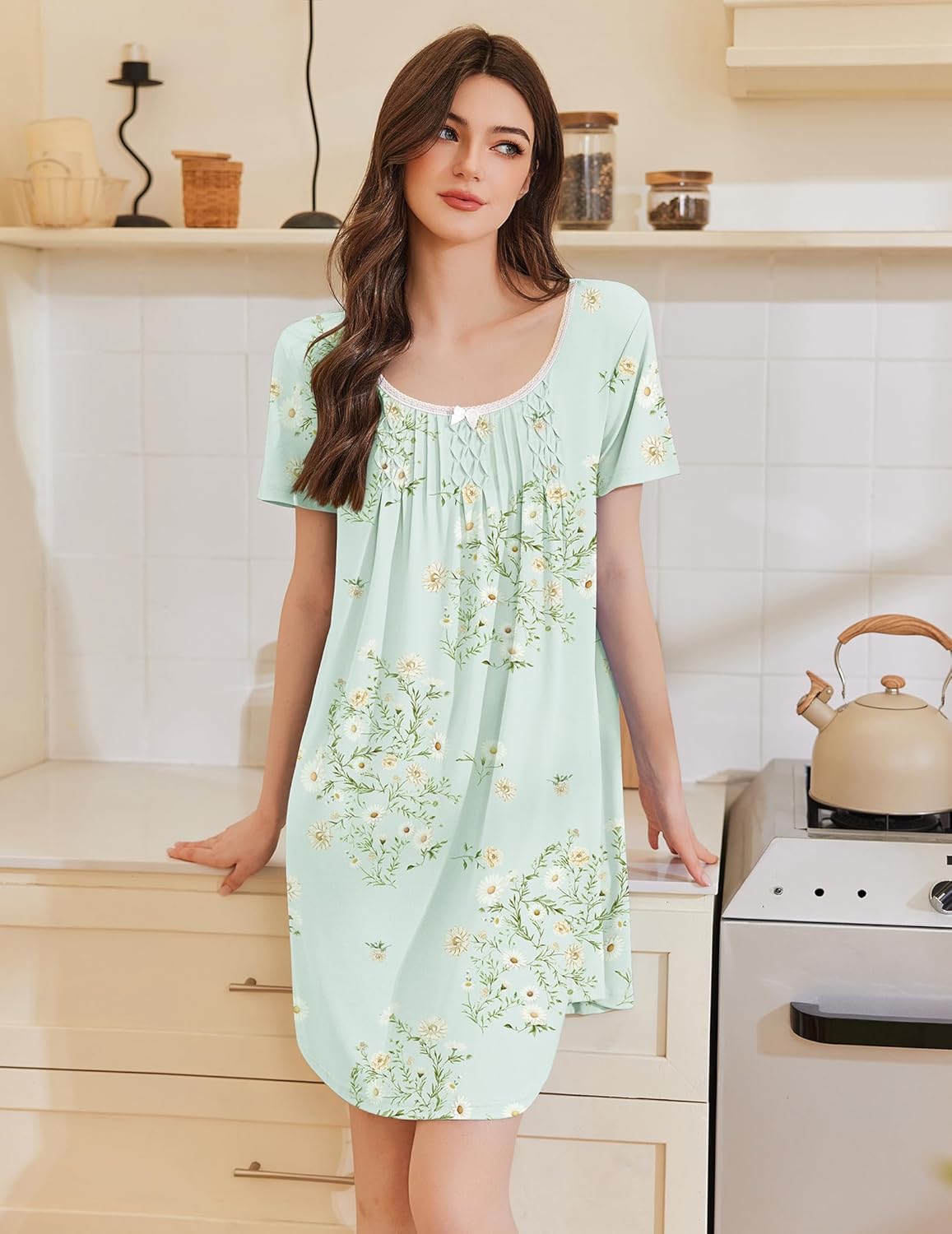 Light mint green short-sleeve sleep dress with small floral print and pleated chest