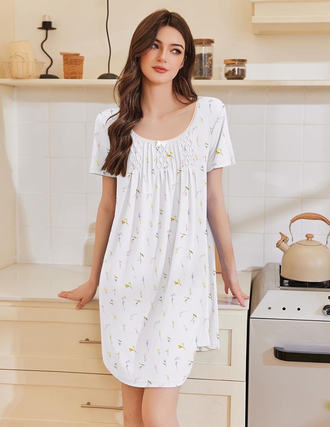 White short-sleeve nightshirt with small yellow-green floral print and pintuck yoke