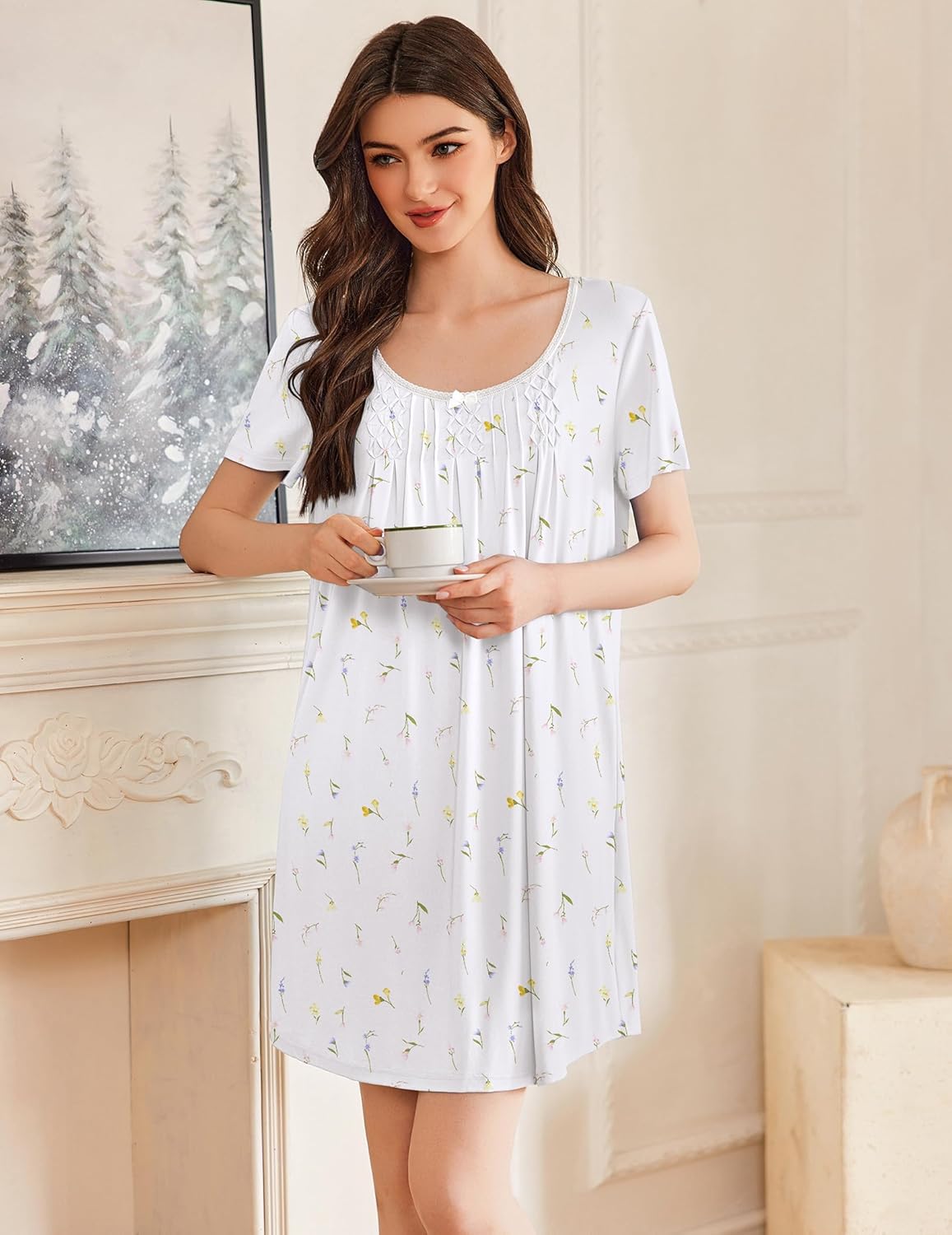 White floral pleated nightshirt with scoop neck and pintuck bodice