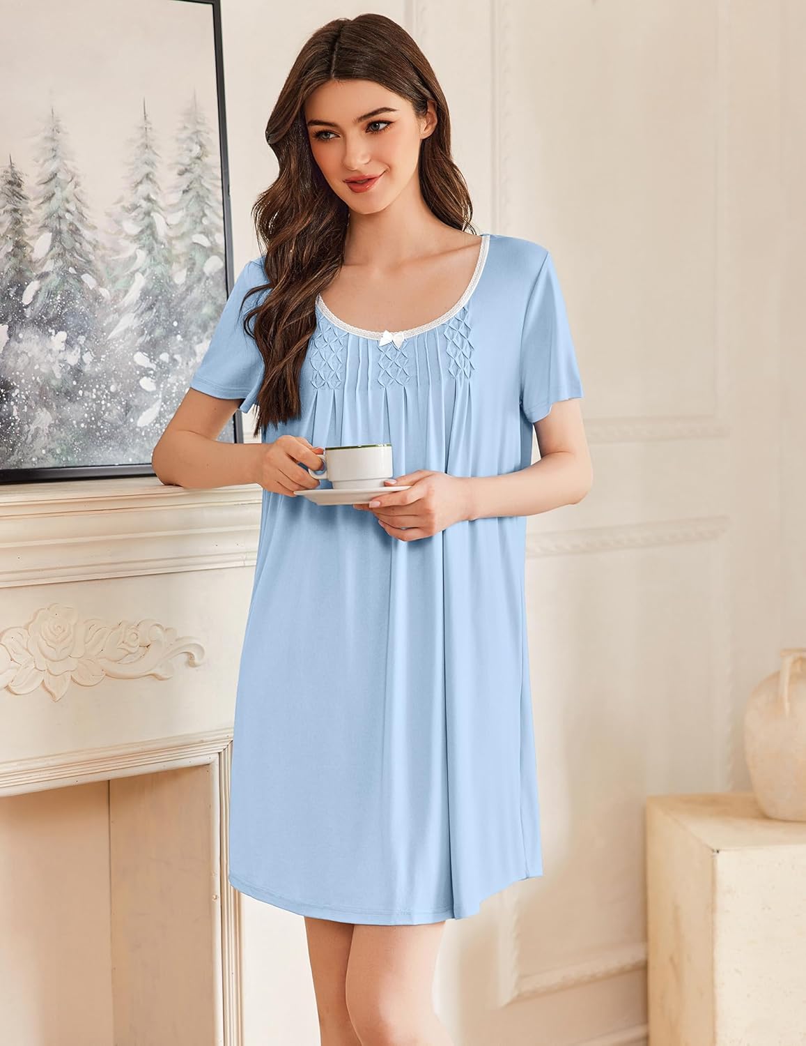 Light blue pleated nightshirt with scoop neck and embroidered pintucks