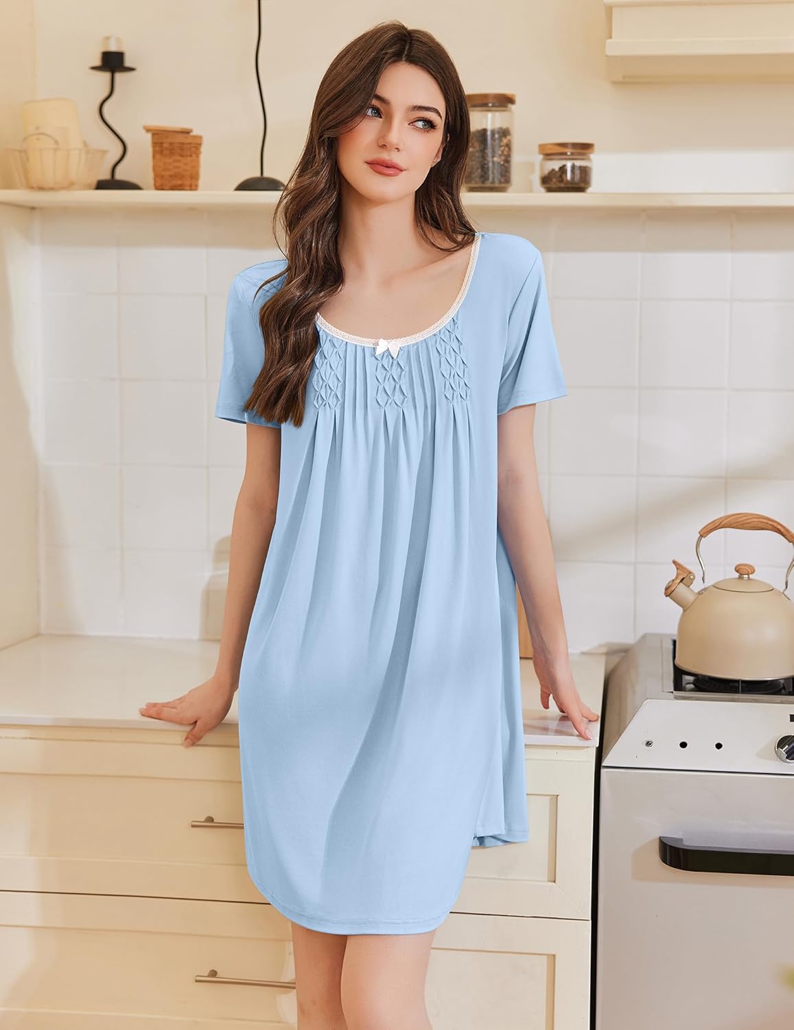 Light blue pleated short-sleeve nightshirt with scoop neckline and pintuck detail