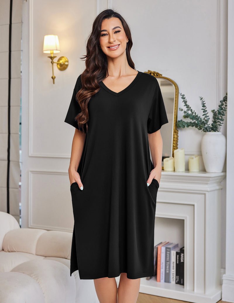 Plus size bamboo viscose nightgown, black V-neck with side pockets and short sleeves