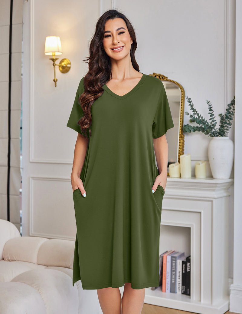 Grünes Plus-Size Nachthemd mit V-Ausschnitt, Kurzarm, Knielang, mit Taschen