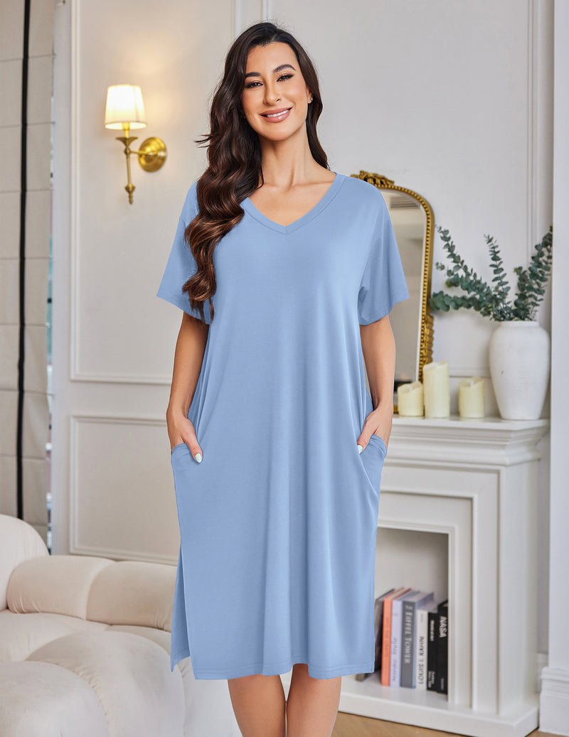 Plus size bamboo viscose nightgown, light blue V-neck with side pockets and short sleeves