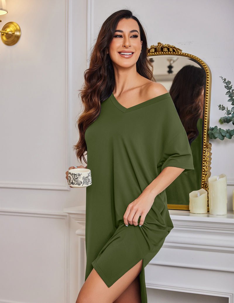Plus size nightgown with pockets, deep green off-shoulder style with draped short sleeves